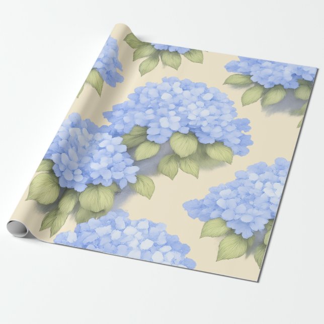 Blue Hydrangea Floral Wrapping Paper (Unrolled)
