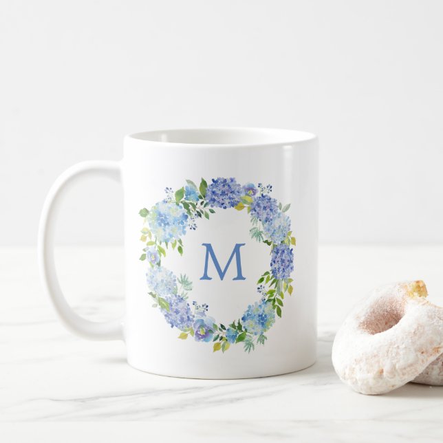 Blue Hydrangea Floral Wreath Monogram Coffee Mug (With Donut)