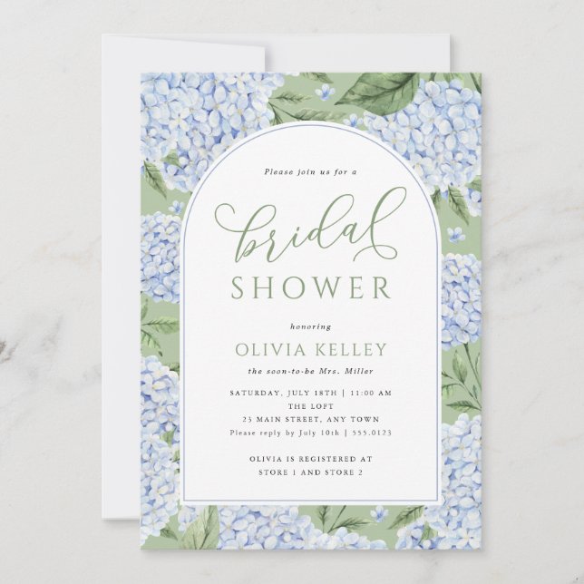 Blue Hydrangea Flower Arch Green Bridal Shower Invitation (Front)