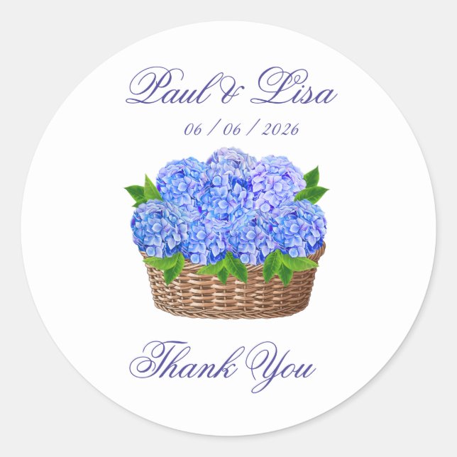 Blue Hydrangea Flower Basket Monogram Wedding Favo Classic Round Sticker (Front)
