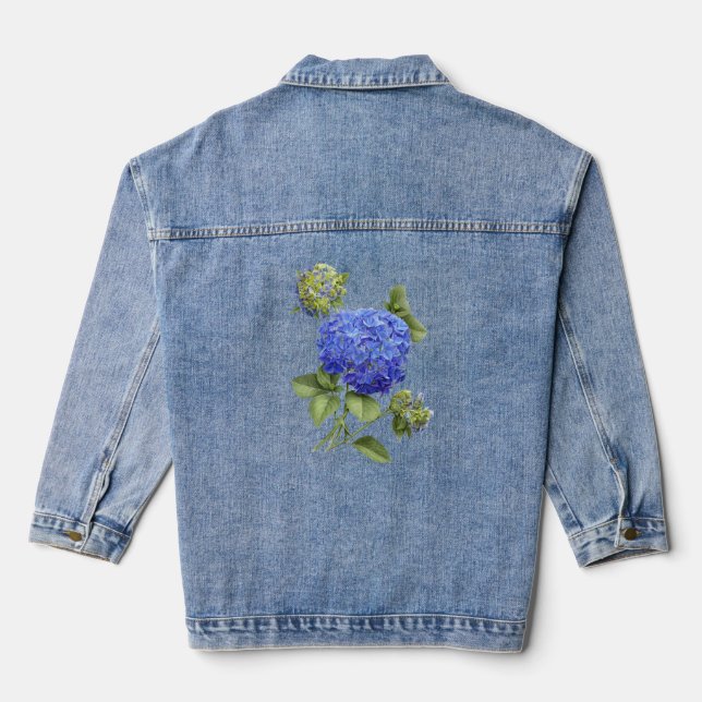 Blue Hydrangea Flower Botanical Art Denim Jacket (Back)