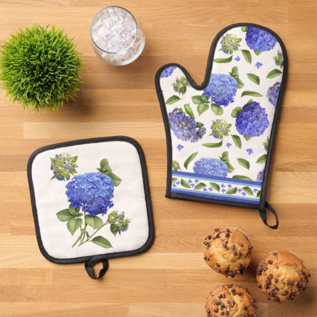 Blue Hydrangea Flower Botanical Art Oven Mitt & Pot Holder Set (Top Down)