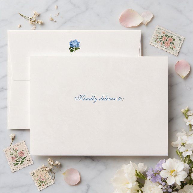 Blue Hydrangea Flower Classic Wedding Envelope (classic wedding envelopes with hydrangea flower and elegant typography)