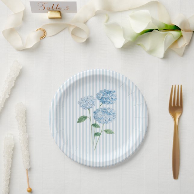 Blue Hydrangea Flower Custom Wedding Blue Stripe Paper Plate (Wedding)