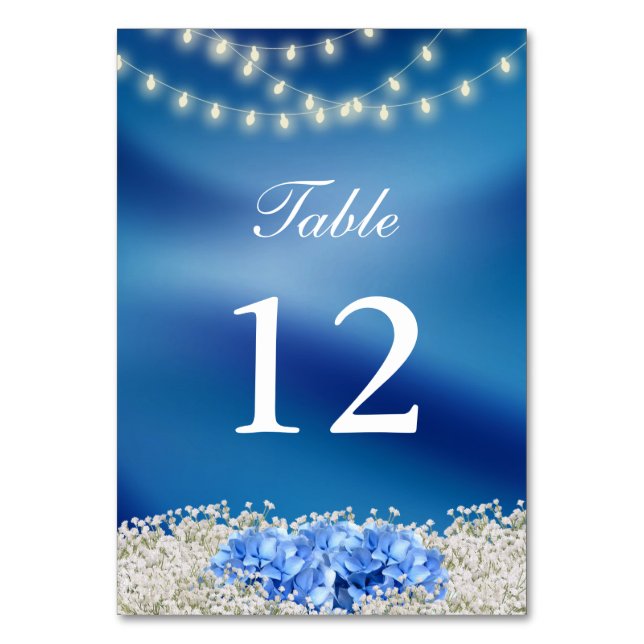 Blue Hydrangea Flower Navy Blue Wedding Table Number (Front)