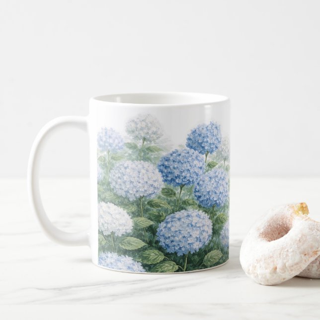Blue Hydrangea Flower Painting  Coffee Mug (With Donut)