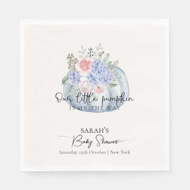 Blue Hydrangea Flower Pumpkin Fall Baby Shower Napkin (Front)