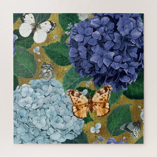 Blue Hydrangea Flowers and Butterfly  Jigsaw Puzzle (Vertical)