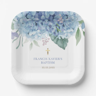 blue Hydrangea flowers Baptism Paper Plate