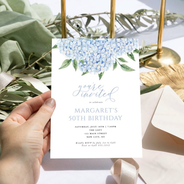 Blue Hydrangea Flowers Calligraphy Birthday Invitation (Creator Uploaded)