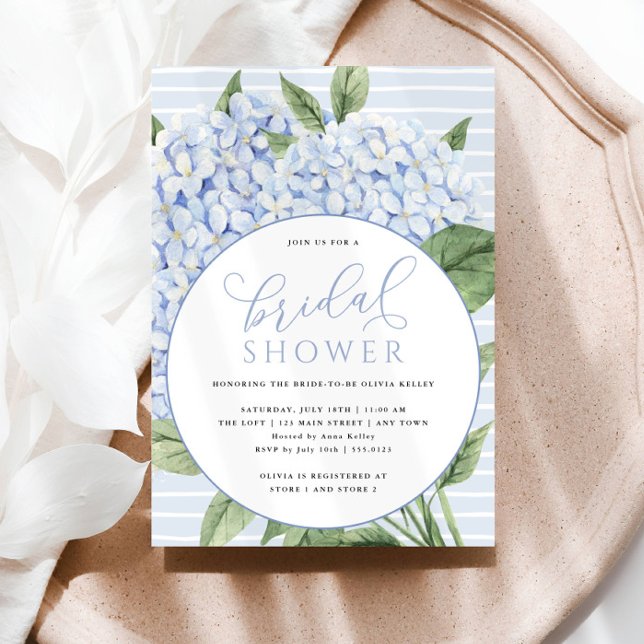 Blue Hydrangea Flowers Circle Frame Bridal Shower Invitation (Beautiful Blue Hydrangeas and White Watercolor Stripes)