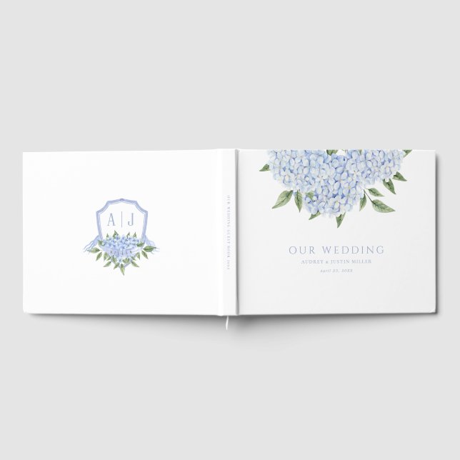 Blue Hydrangea Flowers & Crest, Wedding Guest Book (Full)