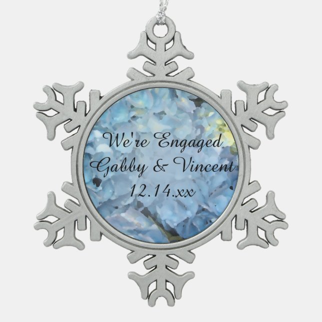 Blue Hydrangea Flowers Engagement Snowflake Pewter Christmas Ornament (Front)