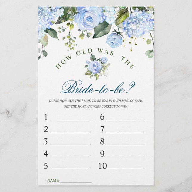 Blue Hydrangea Flowers Greenery Bridal Shower Game (Front)
