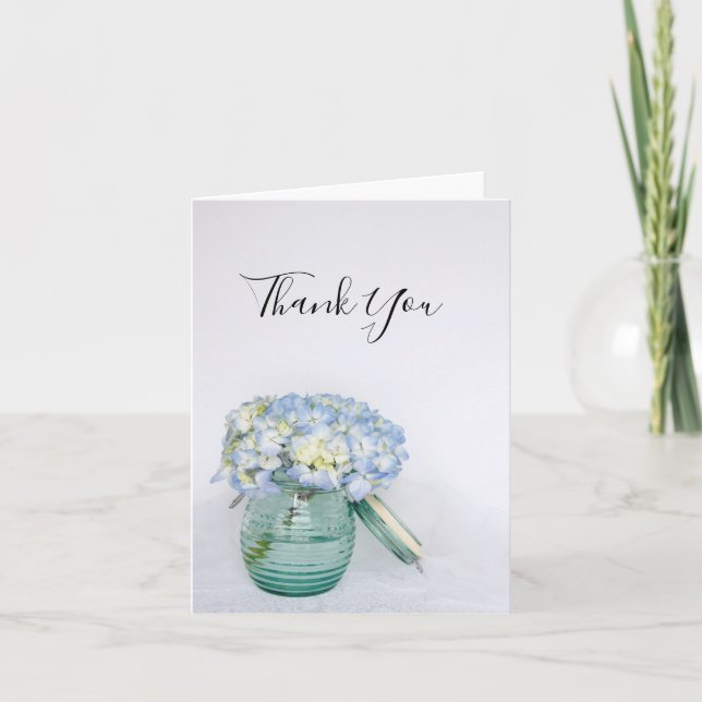 Blue Hydrangea Flowers in Vase Wedding Thank You (Front)