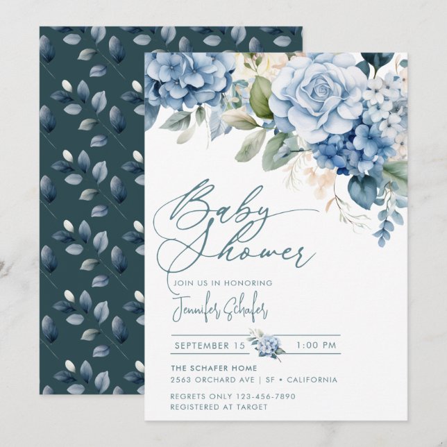 Blue Hydrangea | Flowers Leaves Baby Shower Invitation (Front/Back)