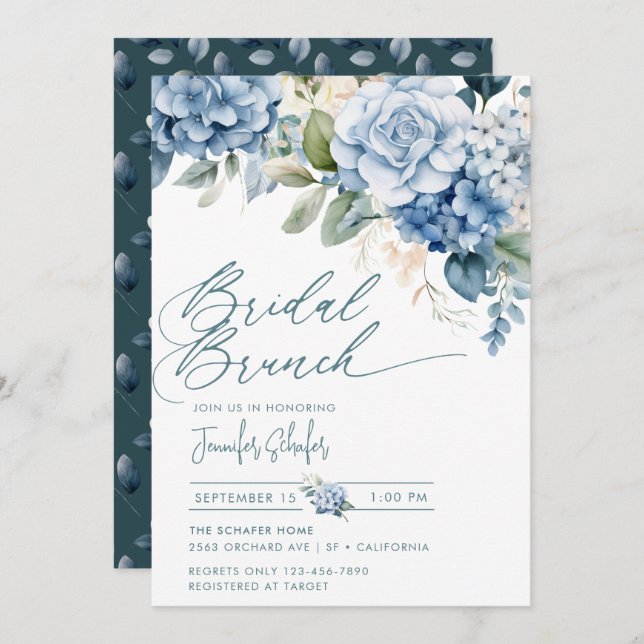 Blue Hydrangea | Flowers Leaves Bridal Shower Invitation (Front/Back)