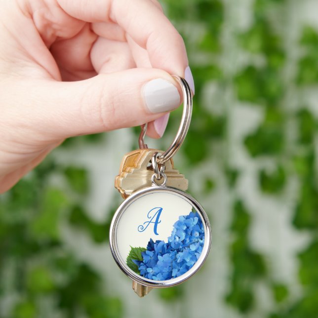 Blue Hydrangea Flowers Monogram Key Ring (Hand)