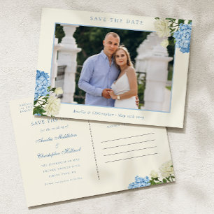 Blue Hydrangea Flowers & Rose Garden Save the Date Postcard