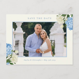 Blue Hydrangea Flowers & Rose Garden Save the Date Postcard