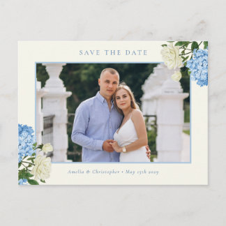 Blue Hydrangea Flowers & Rose Garden Save the Date Postcard