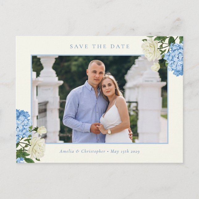 Blue Hydrangea Flowers & Rose Garden Save the Date Postcard (Front)