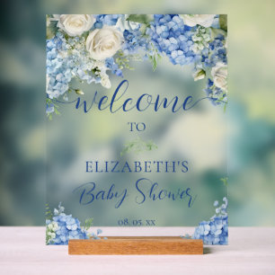 Blue Hydrangea Flowers Roses Baby Shower Welcome Acrylic Sign