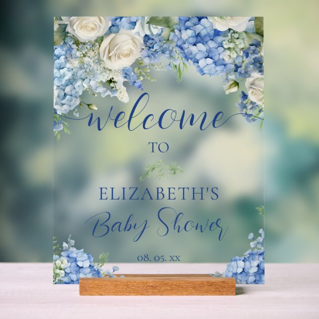 Blue Hydrangea Flowers Roses Baby Shower Welcome Acrylic Sign (Neutral)