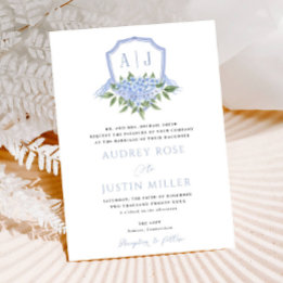 Blue Hydrangea Flowers Watercolor Crest Wedding Invitation