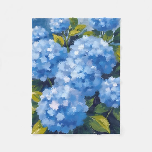 Blue Hydrangea Flowers Watercolor Floral Fleece Blanket (Front)