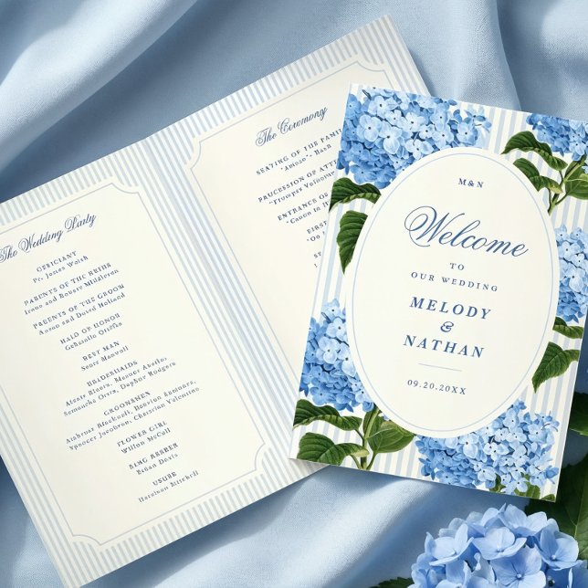 Blue Hydrangea Flowers Wedding Folded Paper Program (blue hydrangea folded wedding paper program)
