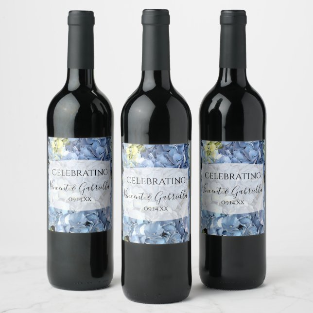 Blue Hydrangea Flowers Wedding Wine Label (Bottles)