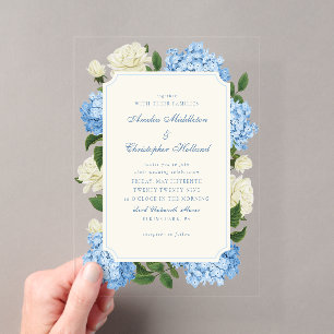 Blue Hydrangea Flowers & White Rose Garden Wedding Acrylic Invitations