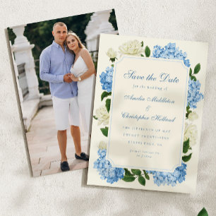 Blue Hydrangea Flowers & White Rose Garden Wedding Save The Date