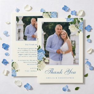 Blue Hydrangea Flowers White Rose Wedding Photo Thank You Card