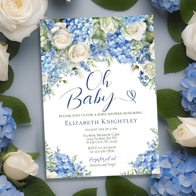 Blue Hydrangea Flowers White Roses Oh Baby Shower Invitation (Creator Uploaded)