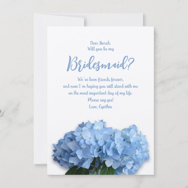 Blue Hydrangea Flowers Will You Be My Bridesmaid I Invitation (Front)