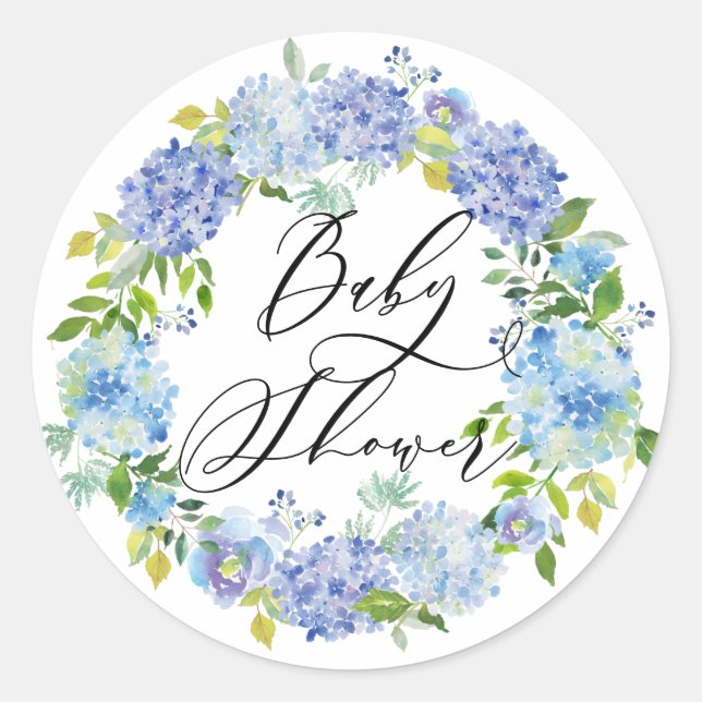 Blue Hydrangea Flowers Wreath Baby Shower Classic Round Sticker (Front)