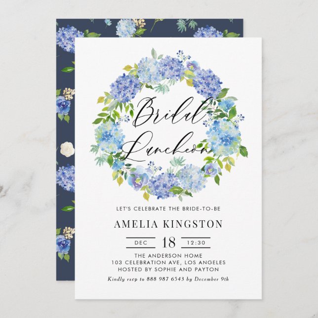 Blue Hydrangea Flowers Wreath Bridal Luncheon Invitation (Front/Back)