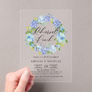 Blue Hydrangea Flowers Wreath Rehearsal Lunch Acrylic Invitations