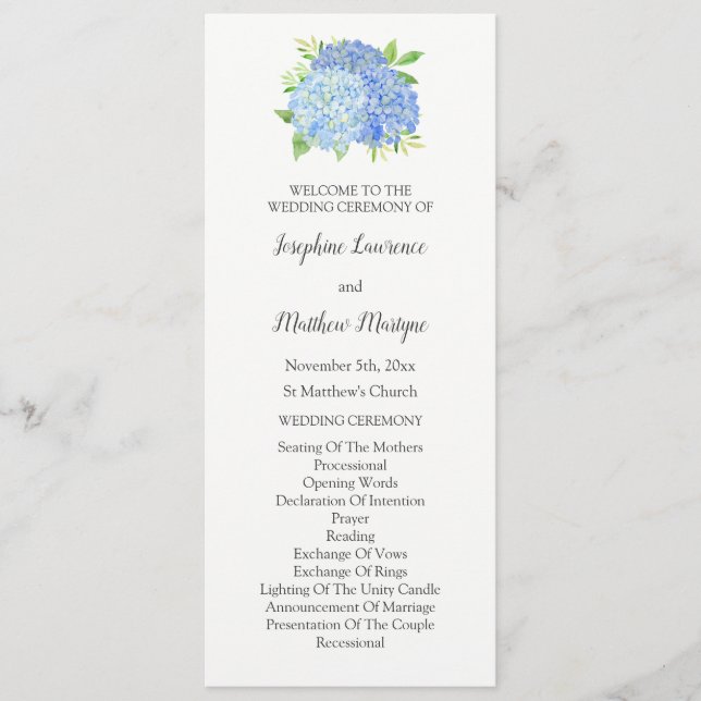Blue Hydrangea Foliage Watercolor Floral Wedding Program (Front)