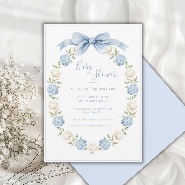 Blue Hydrangea Frame Elegant Bow Baby Shower  Invitation (Creator Uploaded)