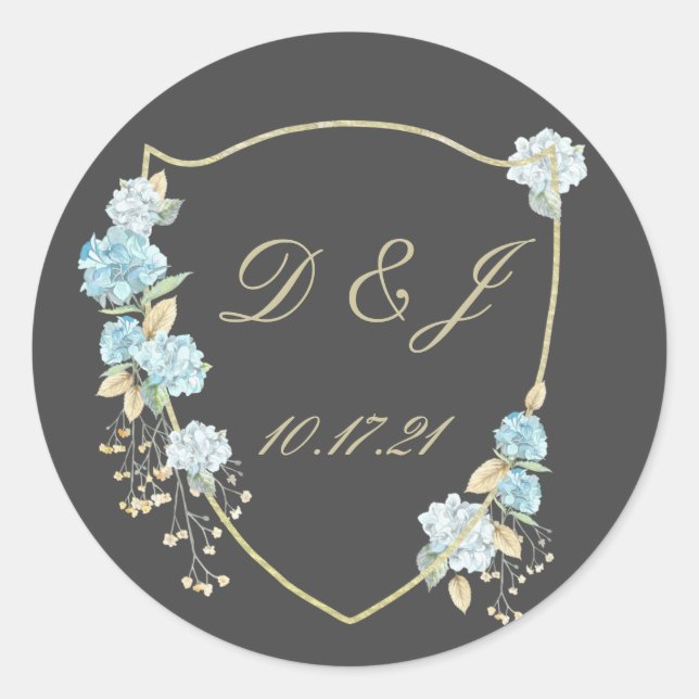 Blue Hydrangea Frame Wedding Labels (Front)