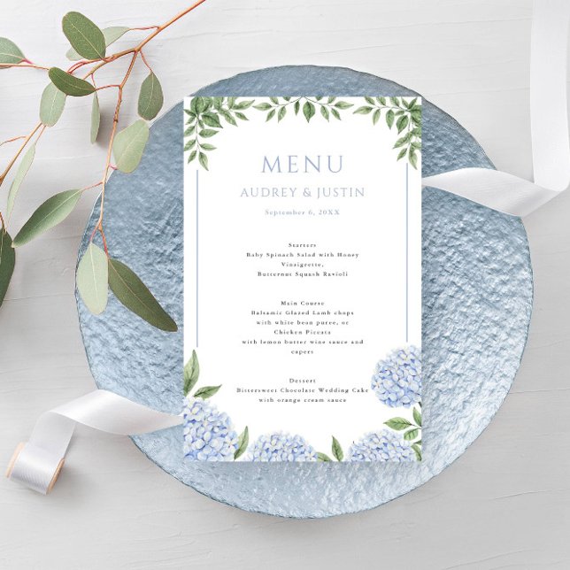 Blue Hydrangea Framed Border Wedding Paper Menu (Creator Uploaded)