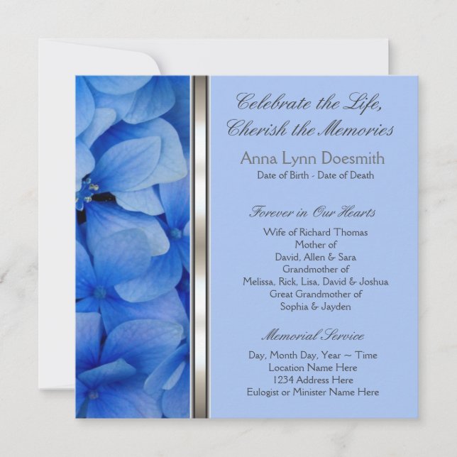 Blue Hydrangea Funeral Announcements (Front)