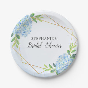 Blue Hydrangea Geometric Floral Bridal Shower Paper Plate