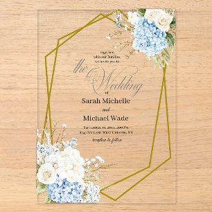 Blue Hydrangea Geometric Wedding Acrylic Invitations