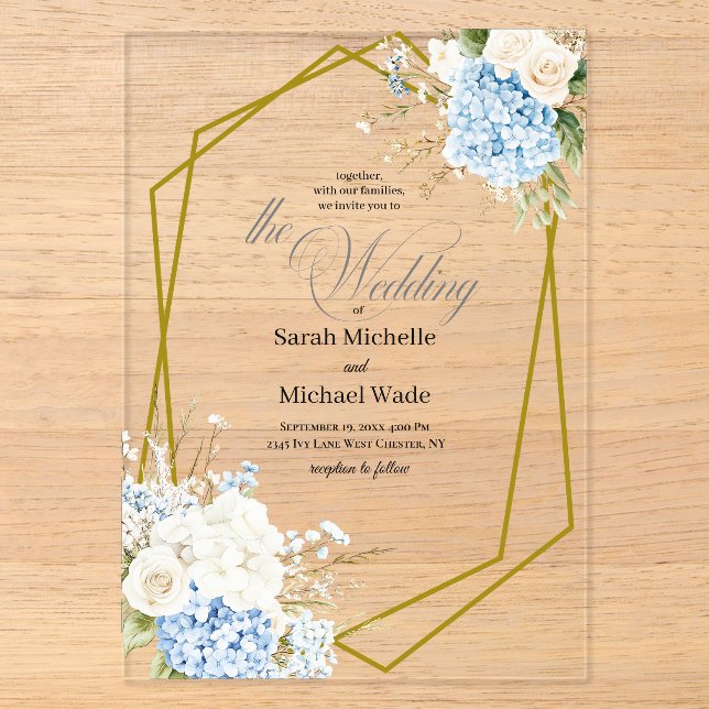 Blue Hydrangea Geometric Wedding Acrylic Invitations (Front)