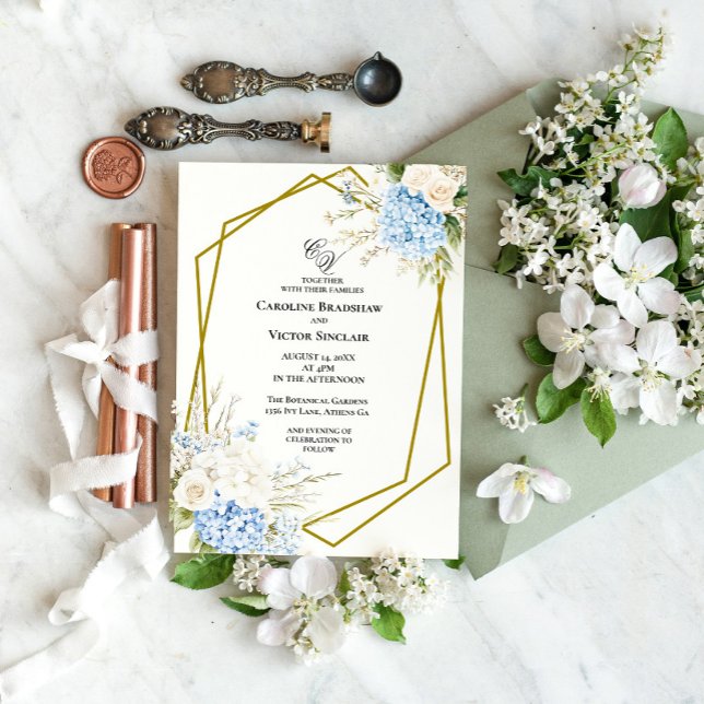 Blue Hydrangea Geometric Wedding Invitation (Creator Uploaded)