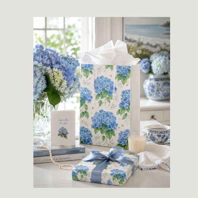 Blue Hydrangea Gift Bag | Elegant  Botanical (Elegant blue hydrangea gift bag for weddings, birthdays, hostess gifts and special occasions.)